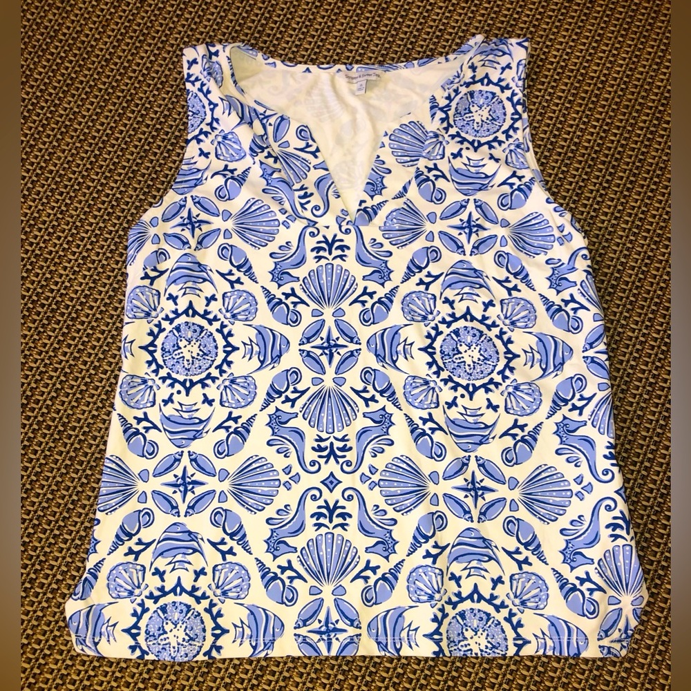 Sunsets and Sweet Tea Seashore Print Slvless Pullover V-Neck Top SPF 50